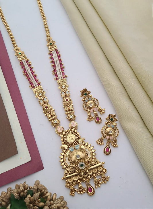 Grand Temple Antique Long Necklace Set with Kundan & Bead Work