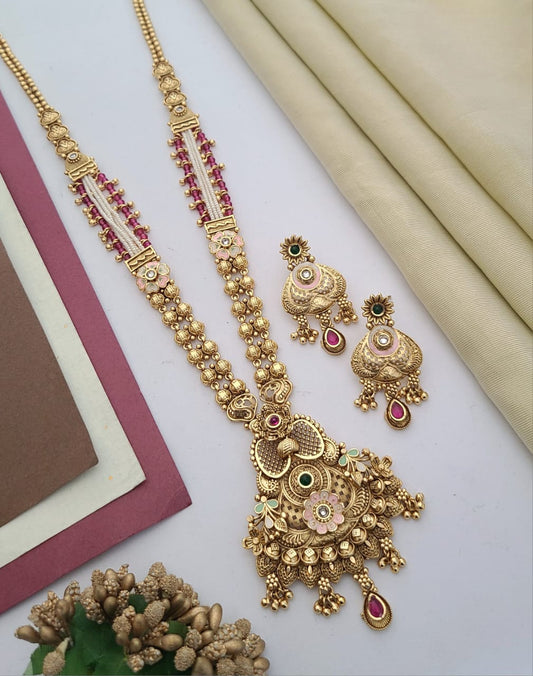 Grand Antique Temple Long Necklace Set with Kundan & Pearl Accents