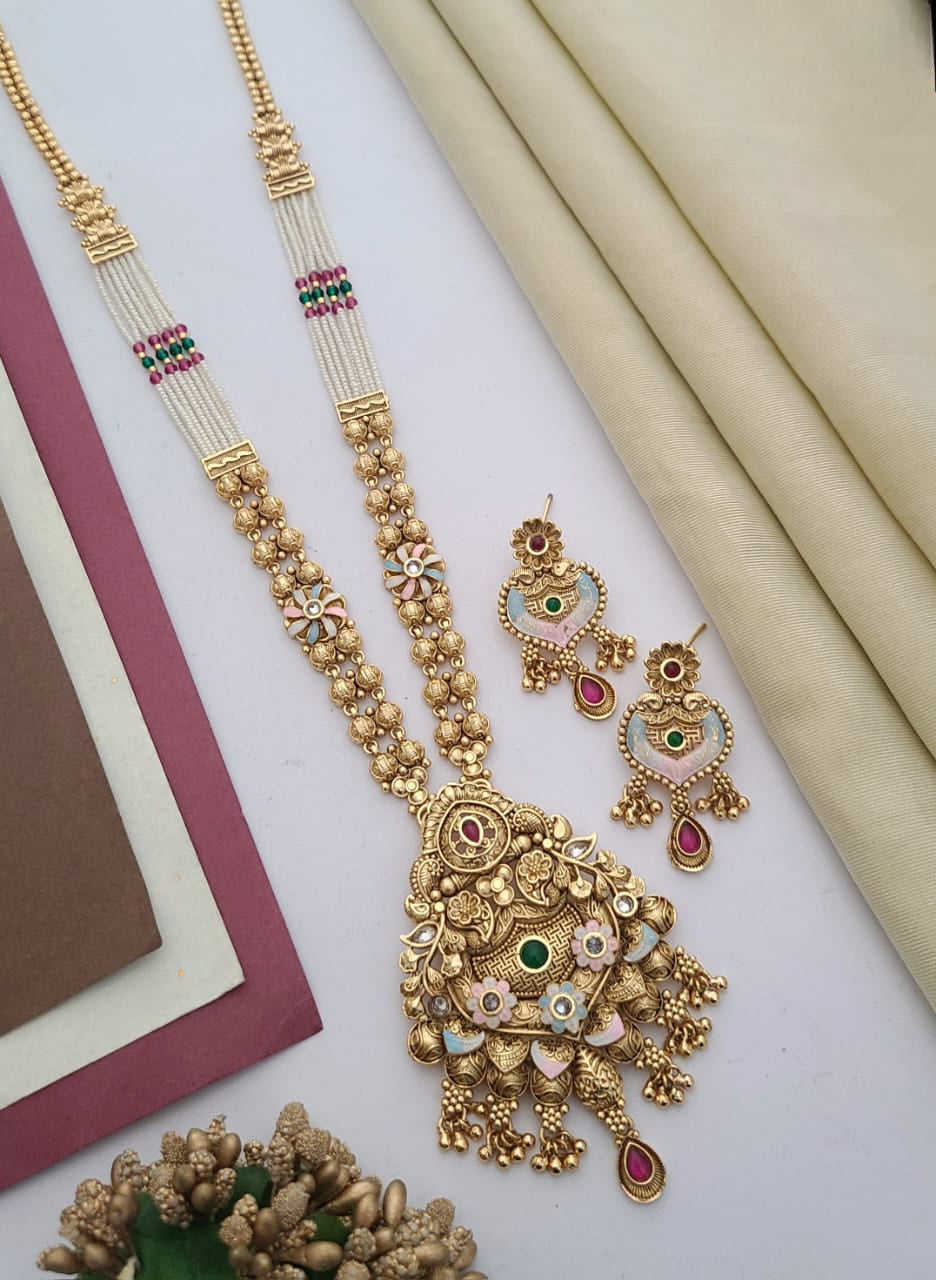 Majestic Antique Long Necklace Set with Kundan & Bead Embellishments