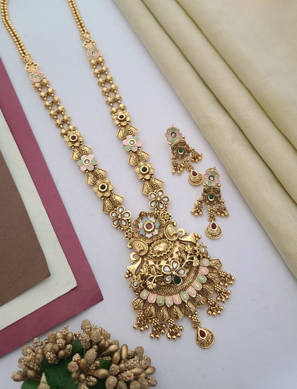 Antique Temple Long Necklace Set with Floral & Kundan Accents