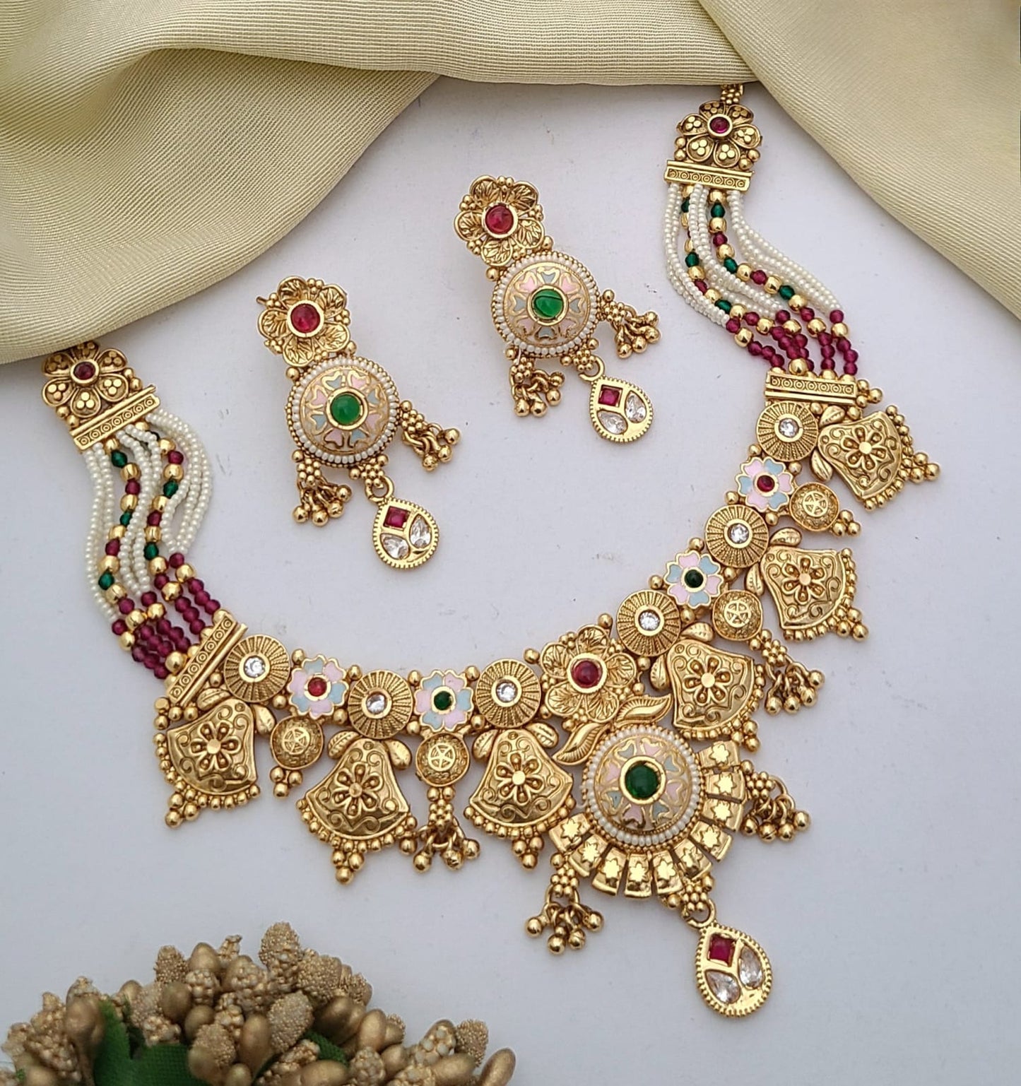 Antique Gold-Plated Necklace Set with Enamel & Pearls