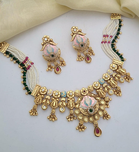 Antique Gold-Plated Necklace Set with Enamel & Pearls