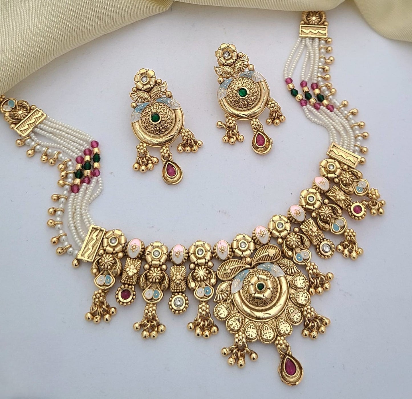 Gold-Plated Antique Necklace Set with Enamel & Pearls