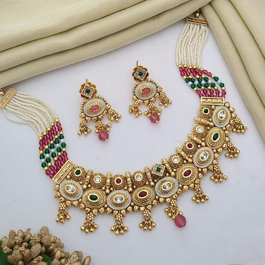 Antique Gold-Plated Kundan Necklace Set with Pearl Strands