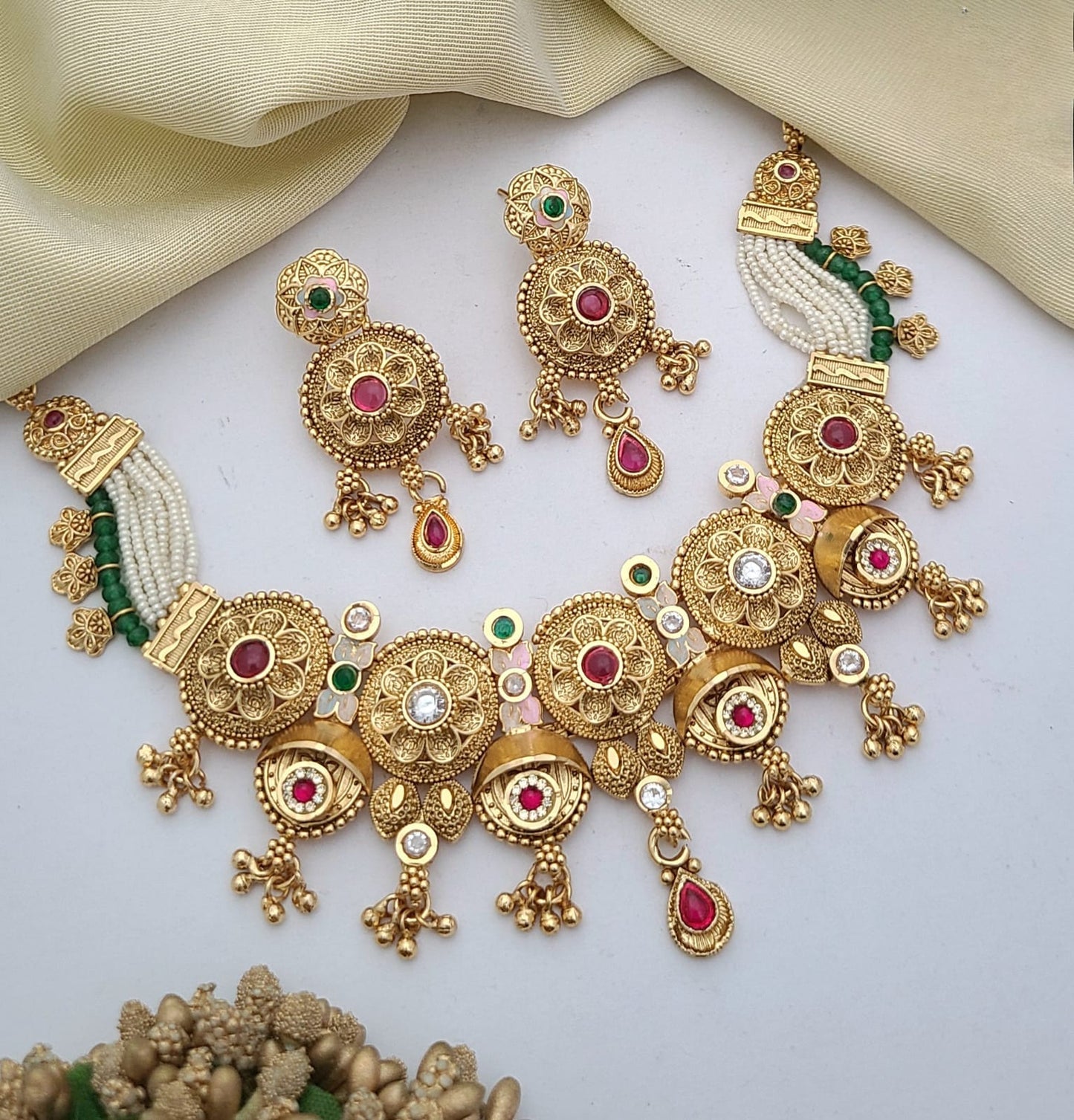 Traditional Gold-Plated Temple Necklace Set with Pearl Strands