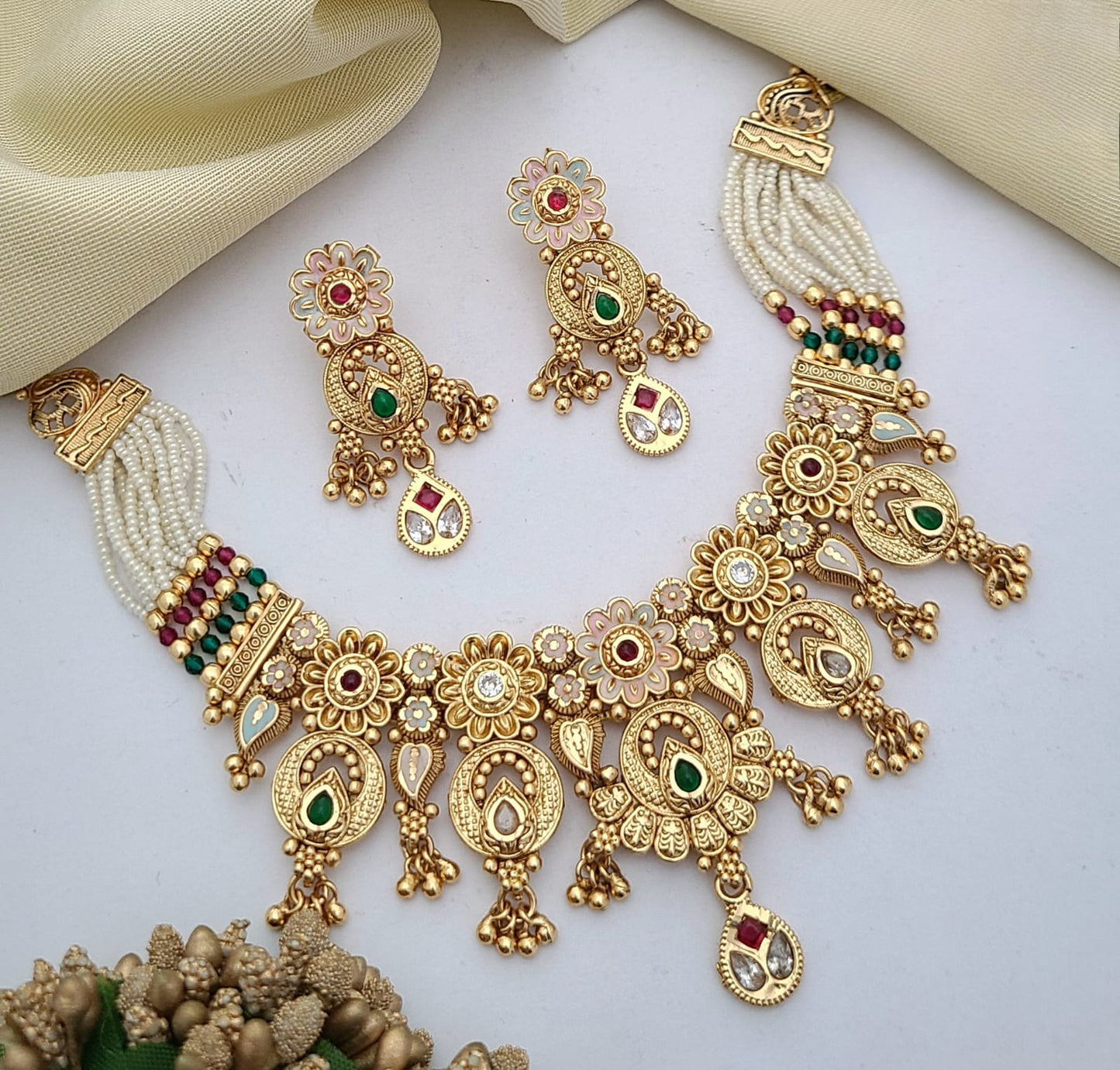 Floral Temple Necklace Set with Pearls & Kundan Stones