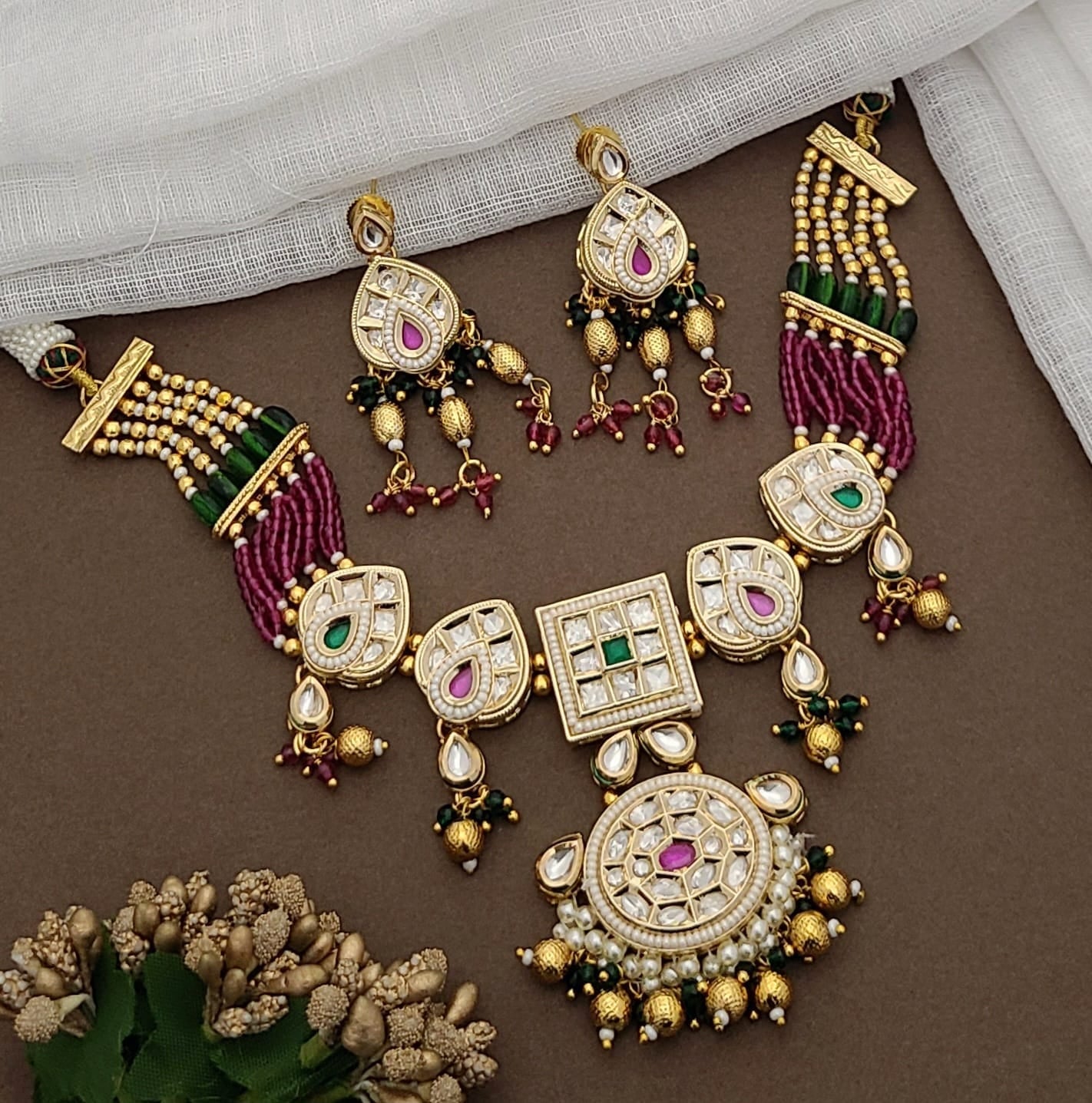 Kundan & Pearl Chandbali Necklace Set with Beaded Tassels