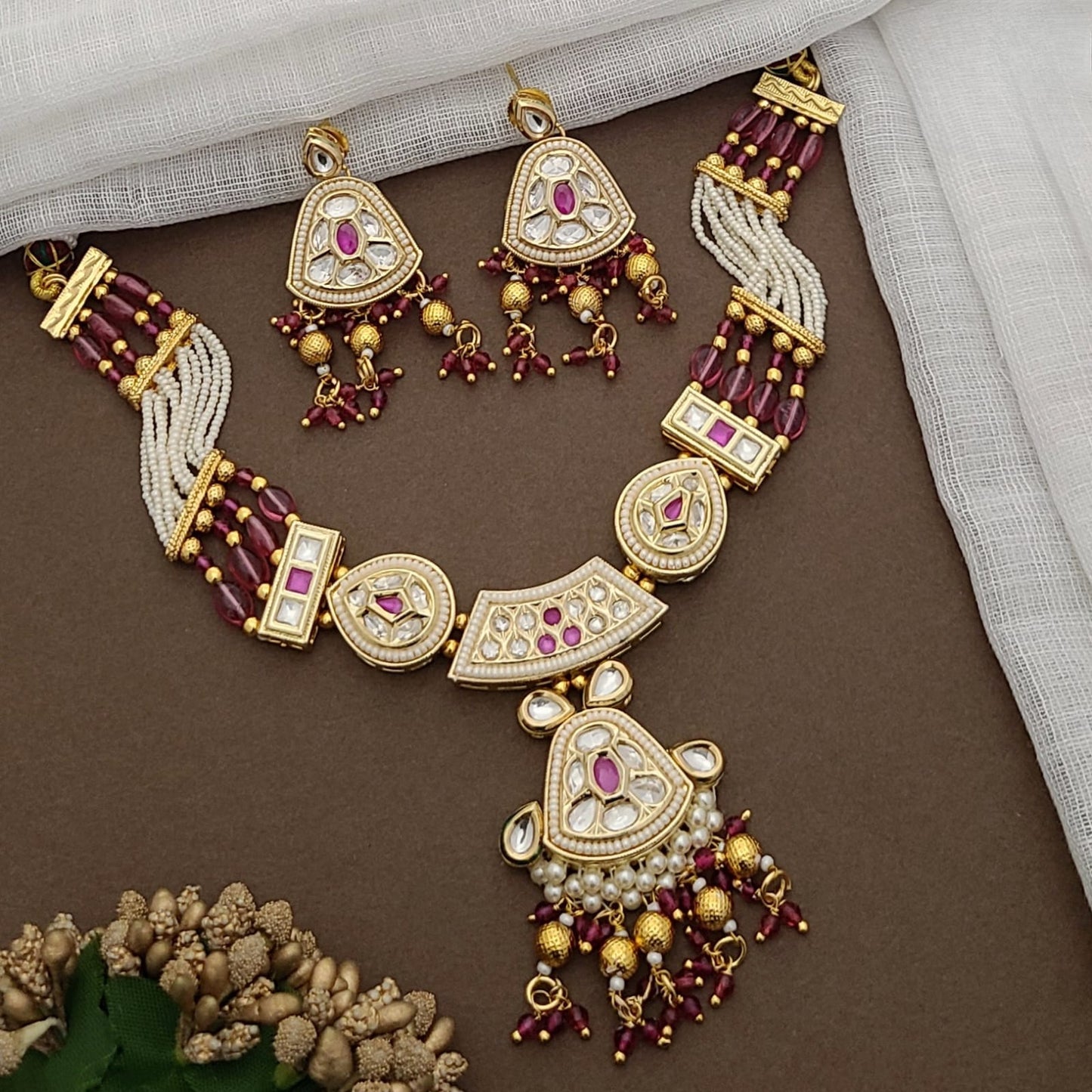 Elegant Ruby Kundan Necklace Set with Beaded Strands