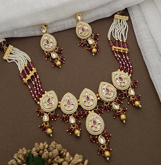 Gold-Plated Kundan & Ruby Pearl Necklace Set