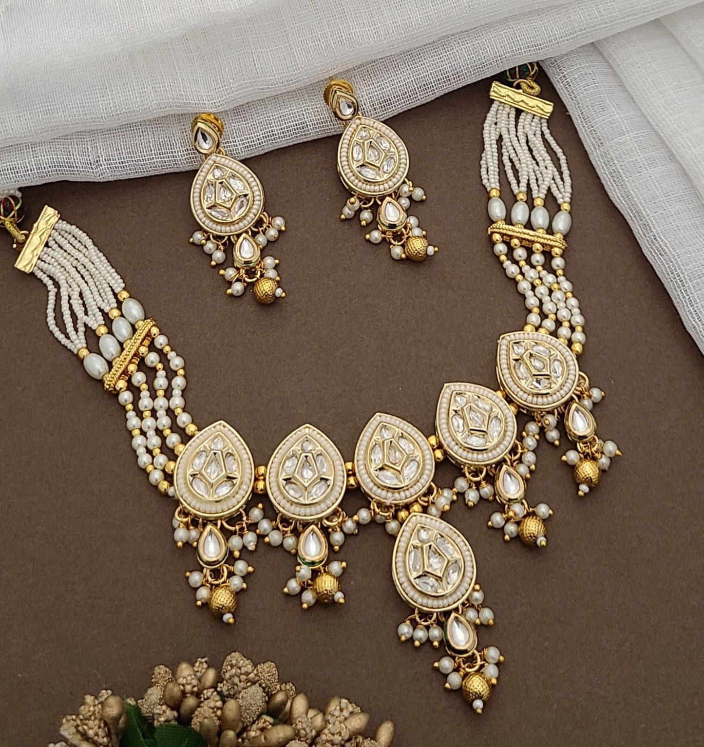 Gold-Plated Kundan & Pearl Bridal Necklace Set