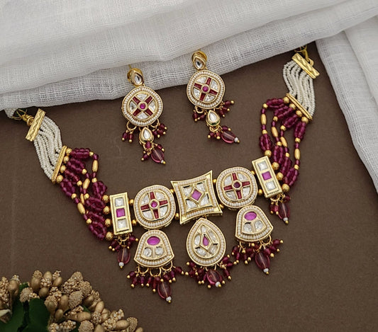 Gold-Plated Kundan & Ruby Beaded Necklace Set