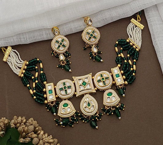 Gold-Plated Kundan & Emerald Green Beaded Necklace Set