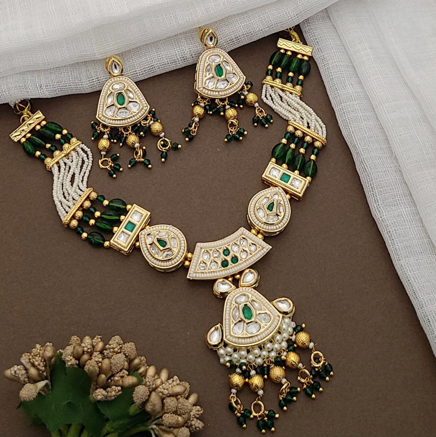 Gold-Plated Kundan & Emerald Green Beaded Necklace Set