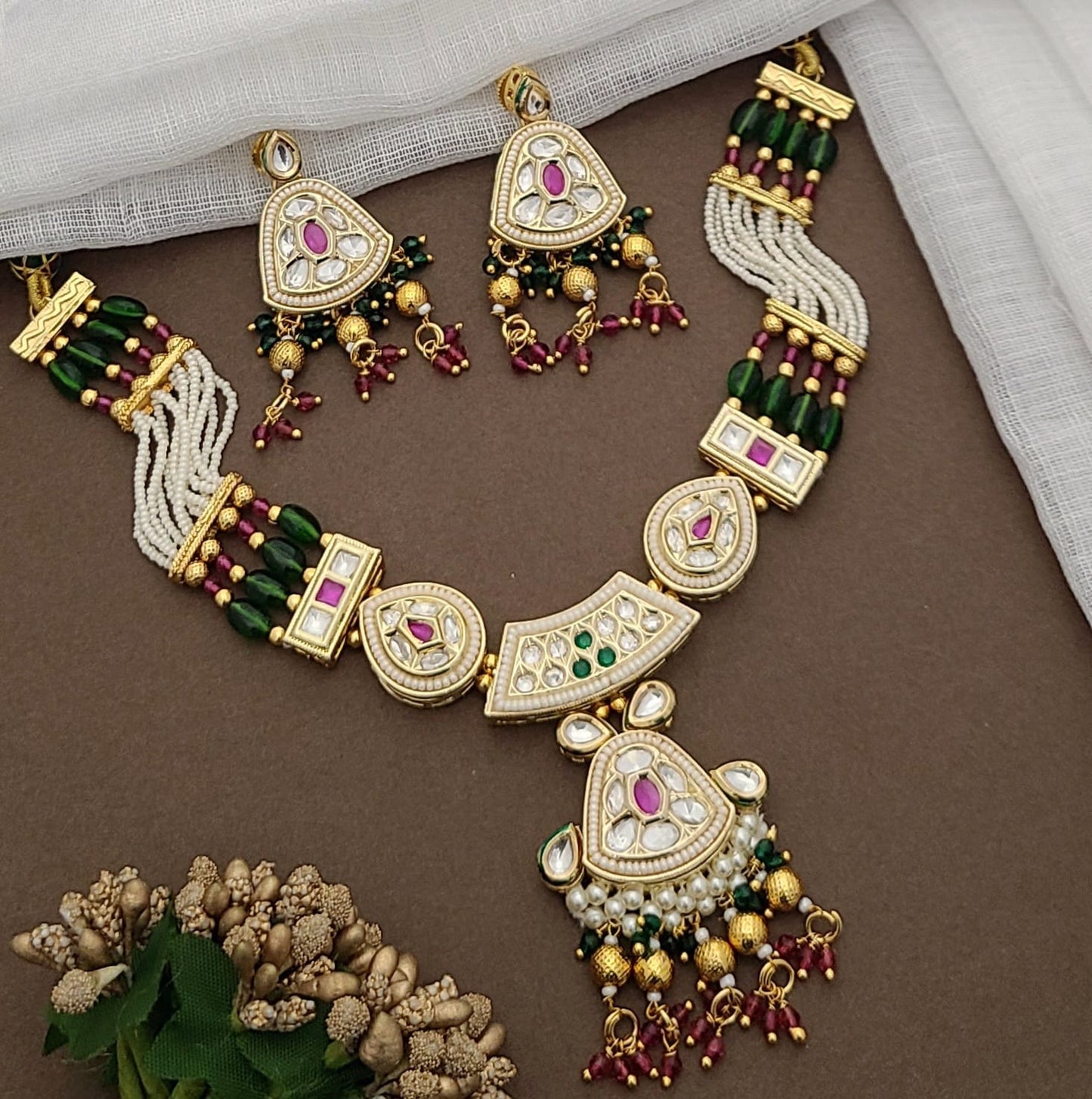 Kundan & Ruby Green Beaded Necklace Set