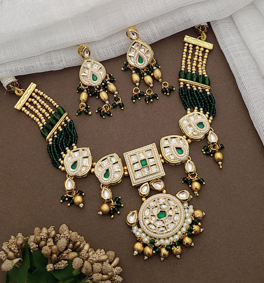 Royal Kundan & Emerald Green Beaded Necklace Set