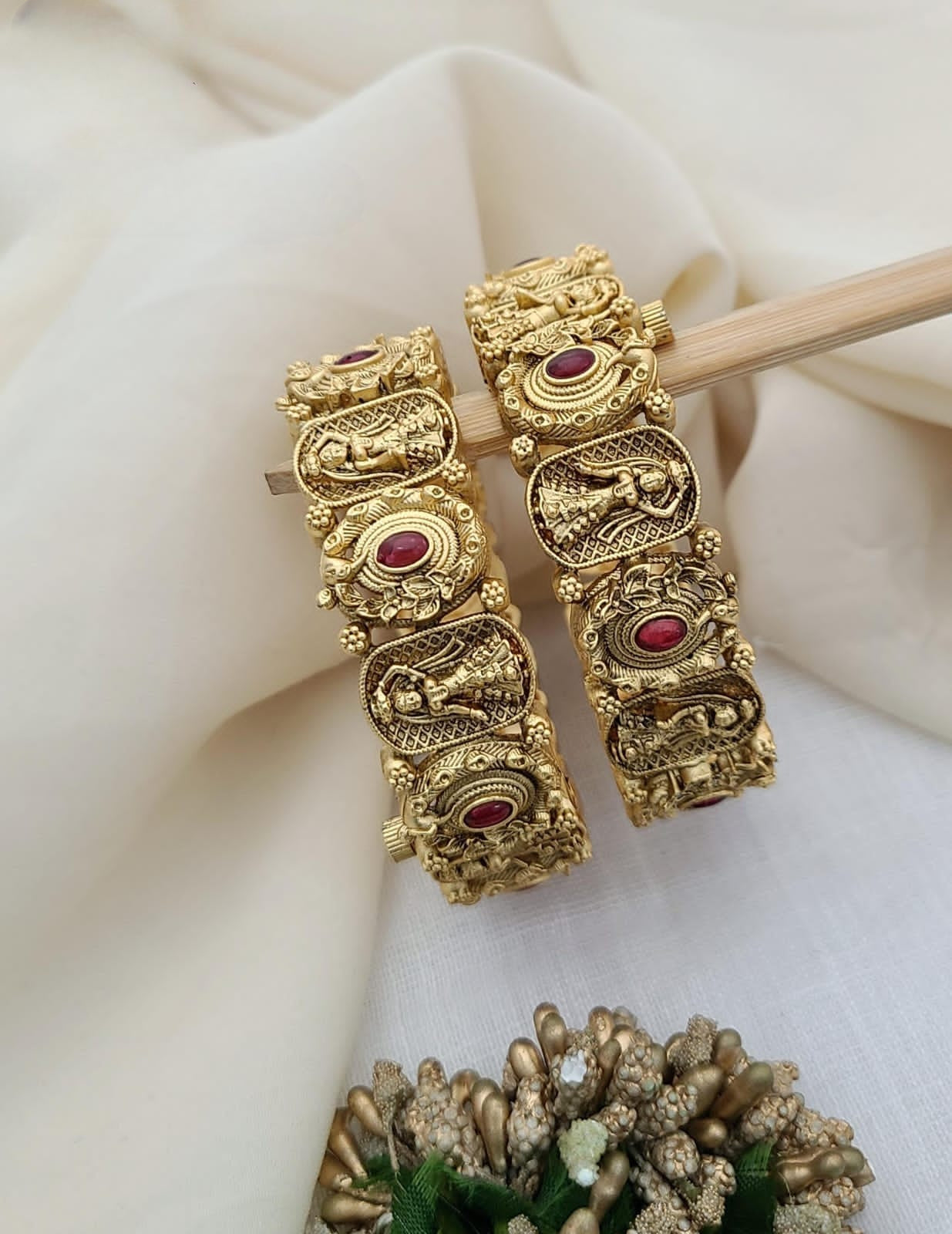 Temple-Inspired Antique Gold Bangles with Ruby Stones