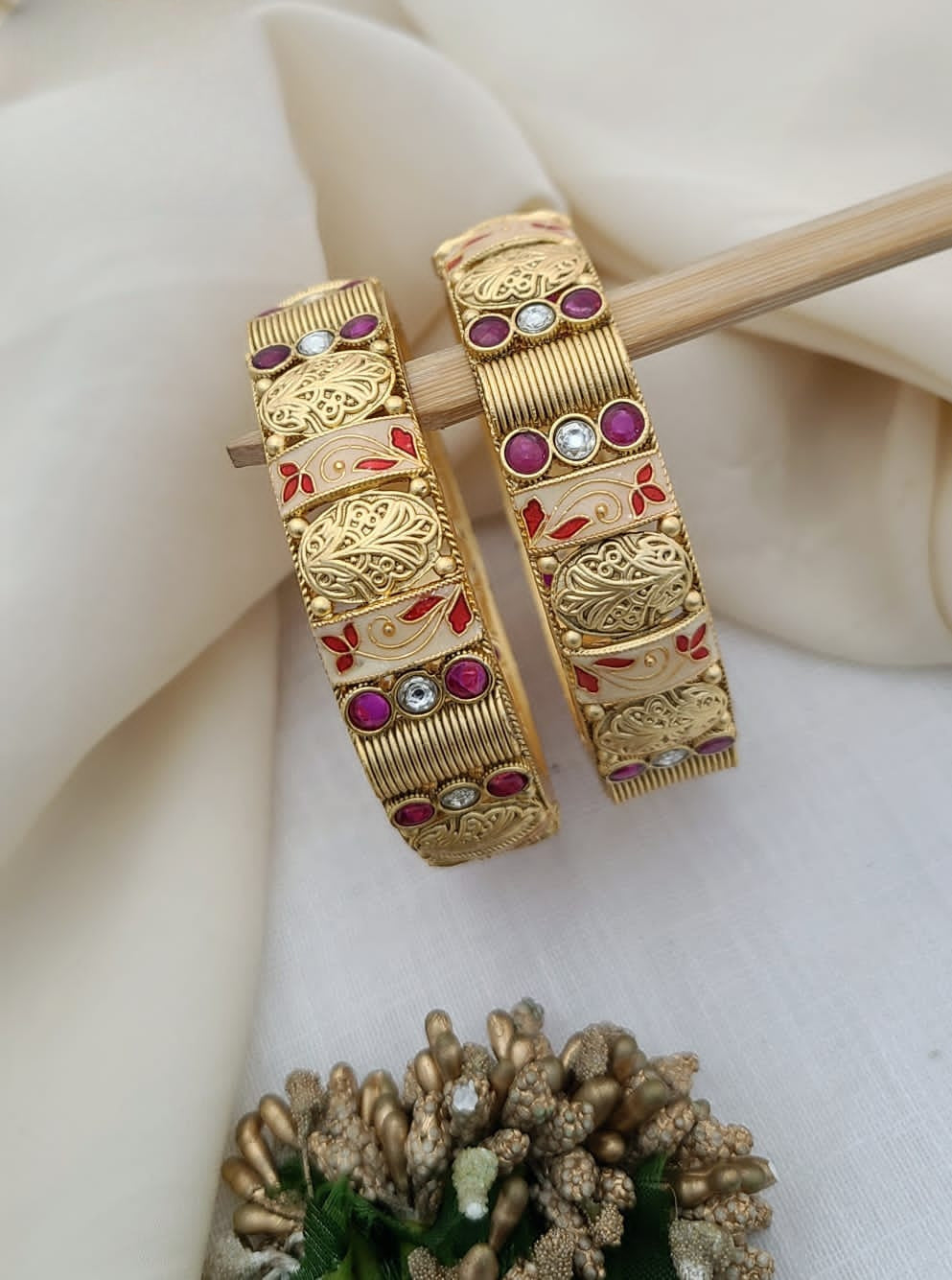 Elegant Gold Bangles with Ruby & Kundan Accents