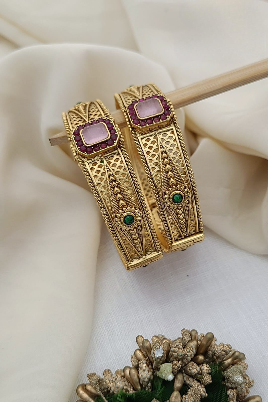 Antique Gold Bangles with Ruby & Green Stone Embellishments