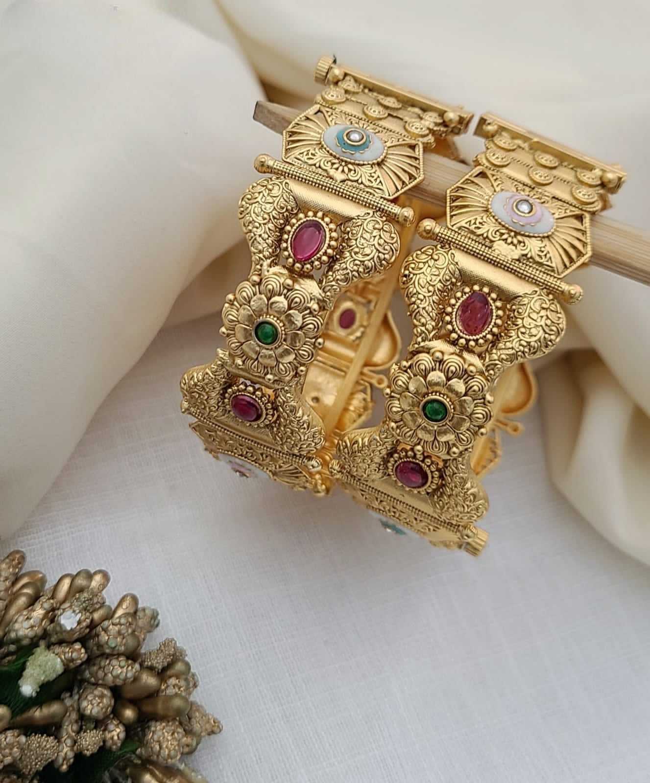 Royal Antique Gold Bangles with Floral & Enamel Accents