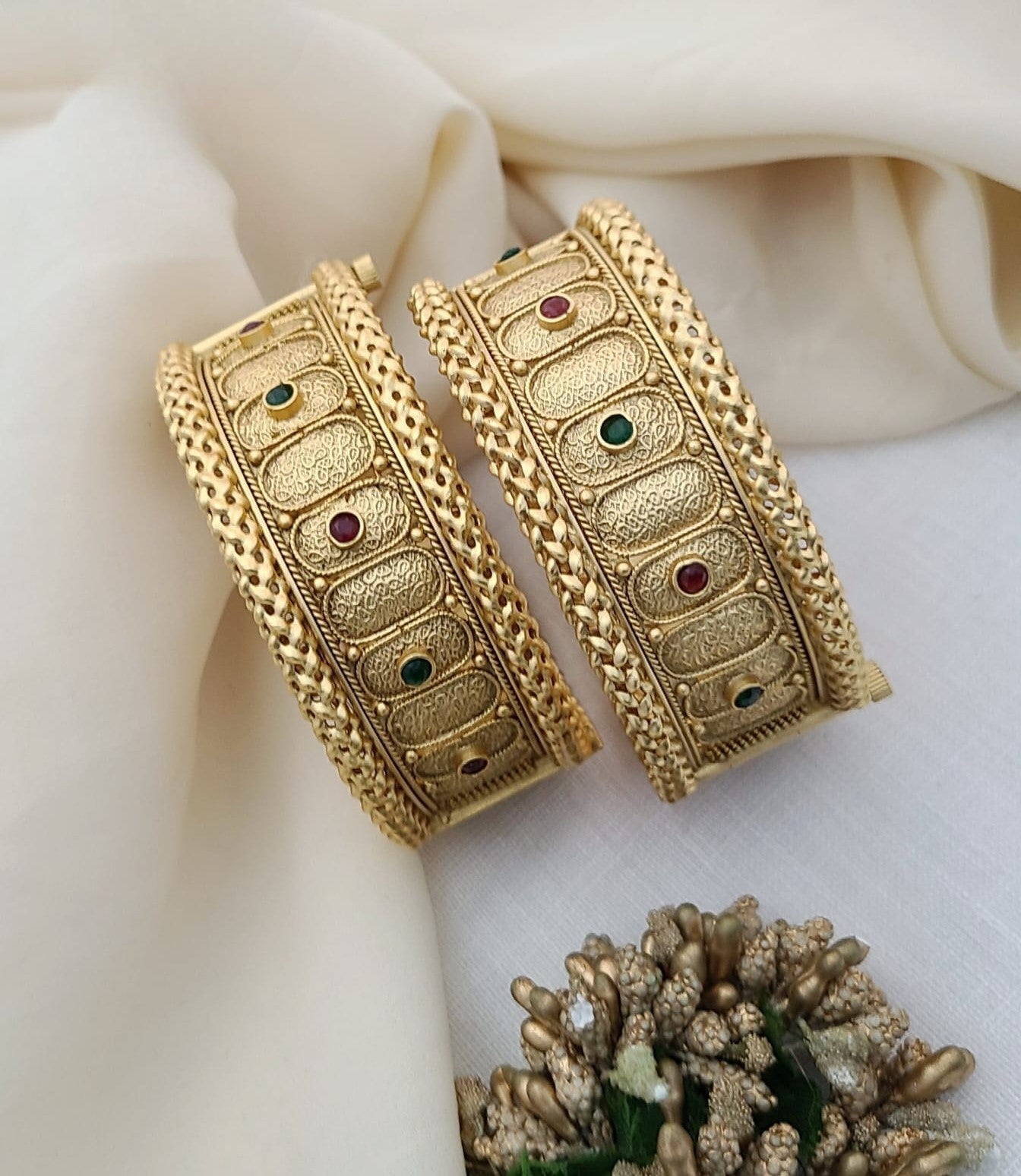 Traditional Antique Gold Bangles with Gemstone Accents