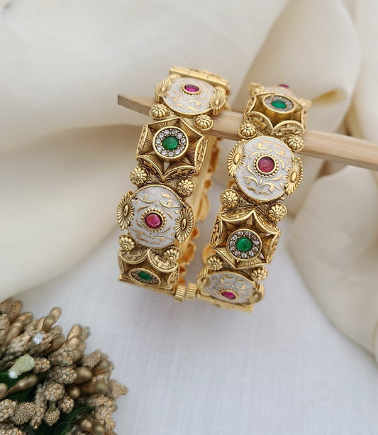 Royal Antique Gold Bangles with White Enamel & Gemstones