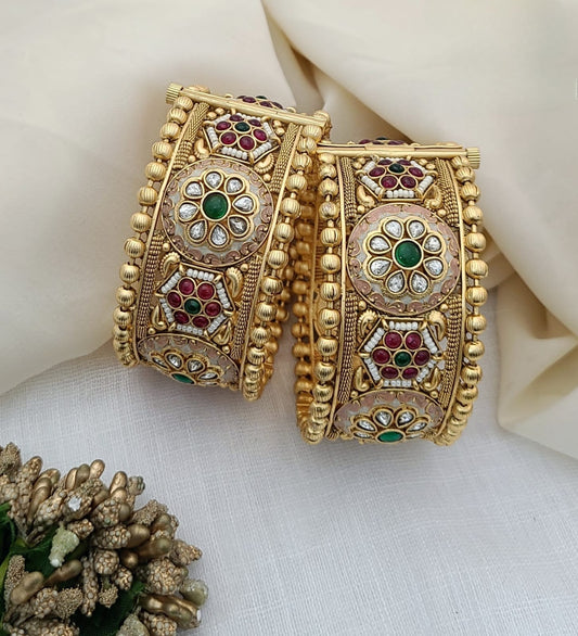 Regal Antique Gold Bangles with Floral Gemstone Design