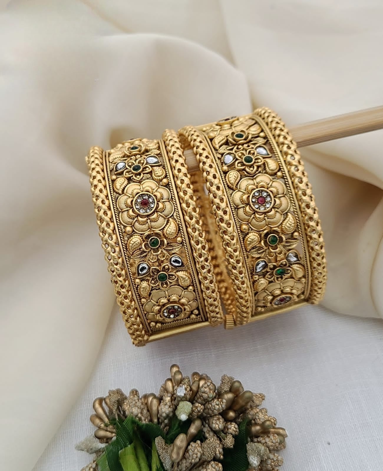 Antique Gold Bangles with Floral Motif & Gemstone Accents