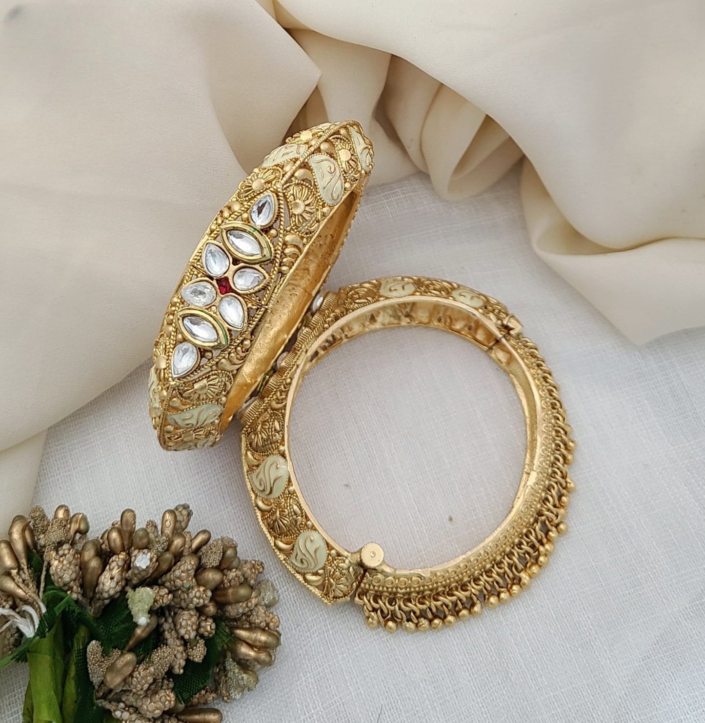 Royal Kundan-Studded Antique Gold Bangles with Enamel Work