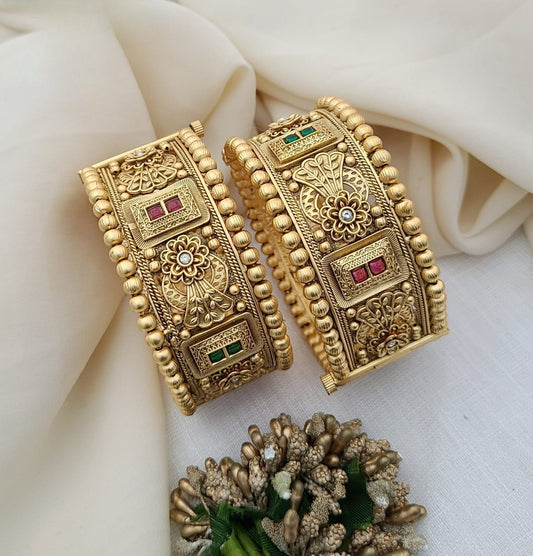 Antique Gold Bangles with Floral & Gemstone Detailing