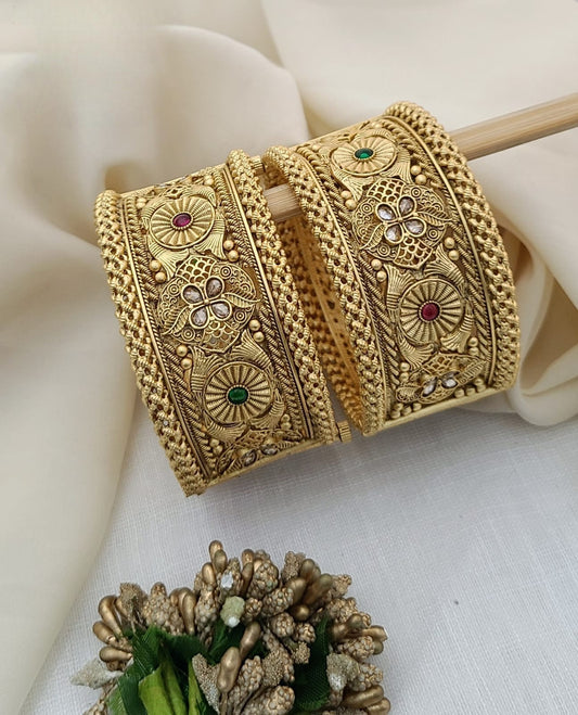 Royal Antique Gold Bangles with Floral & Stone Embellishments