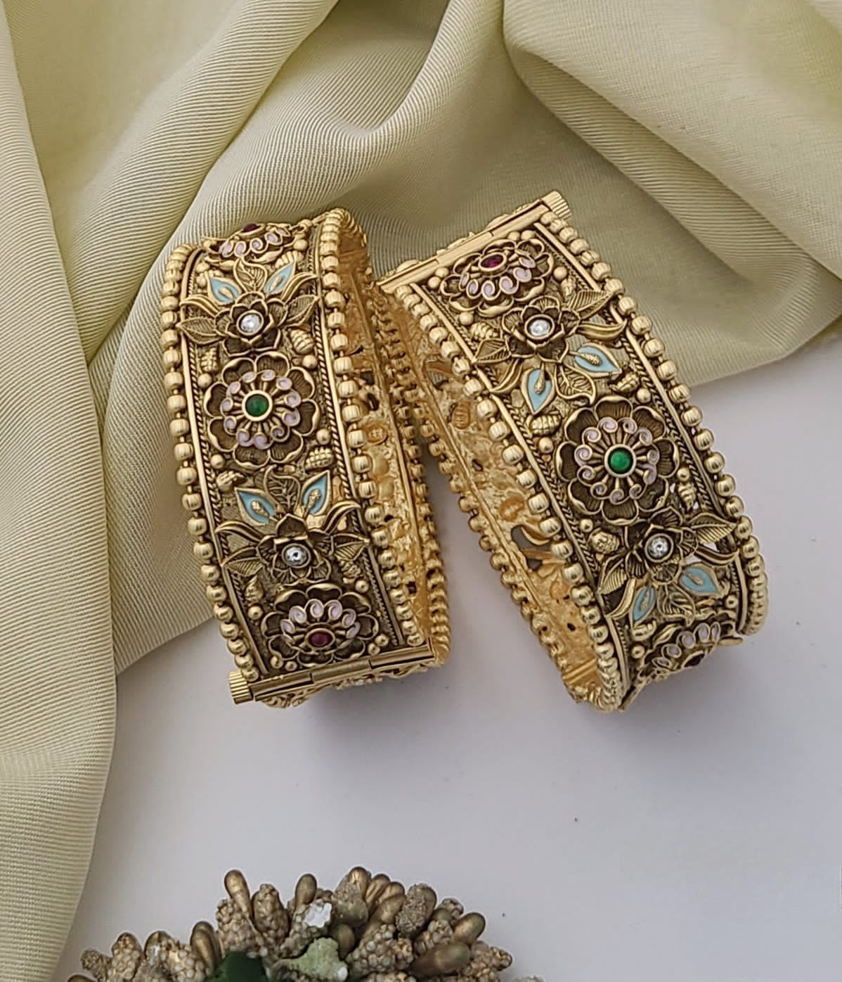 Antique Gold Bangles with Floral Enamel & Stone Accents