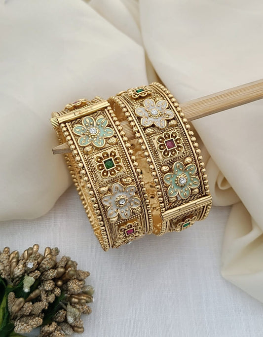 Antique Gold Bangles with Floral Enamel & Stone Embellishments