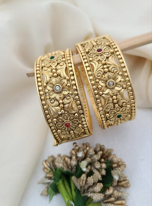 Antique Gold Bangles with Floral & Stone Embellishments