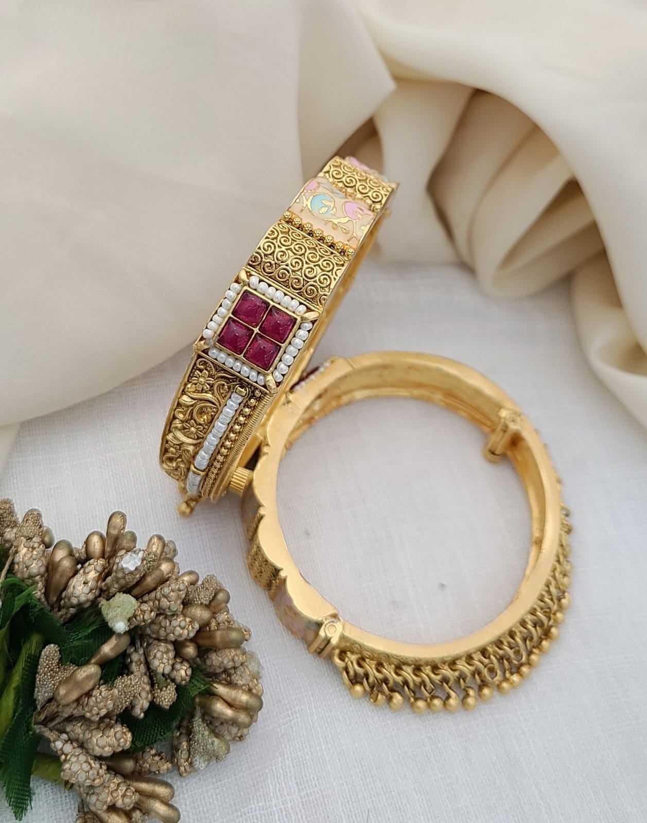 Antique Gold Kada Bangles with Ruby & Pearl Detailing