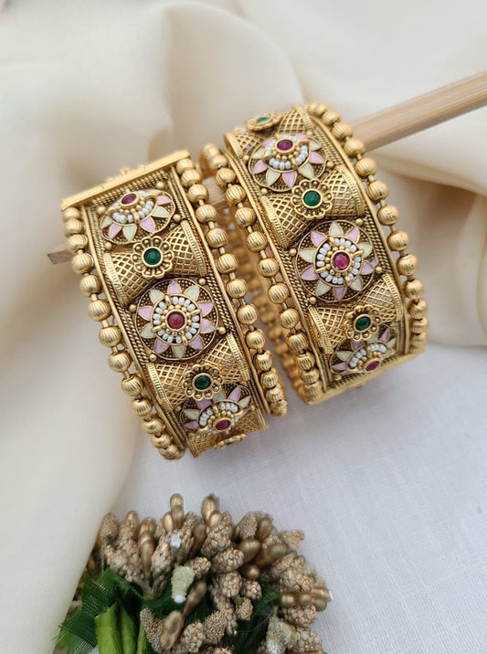 Antique Gold Floral Kada Bangles with Enamel & Stonework