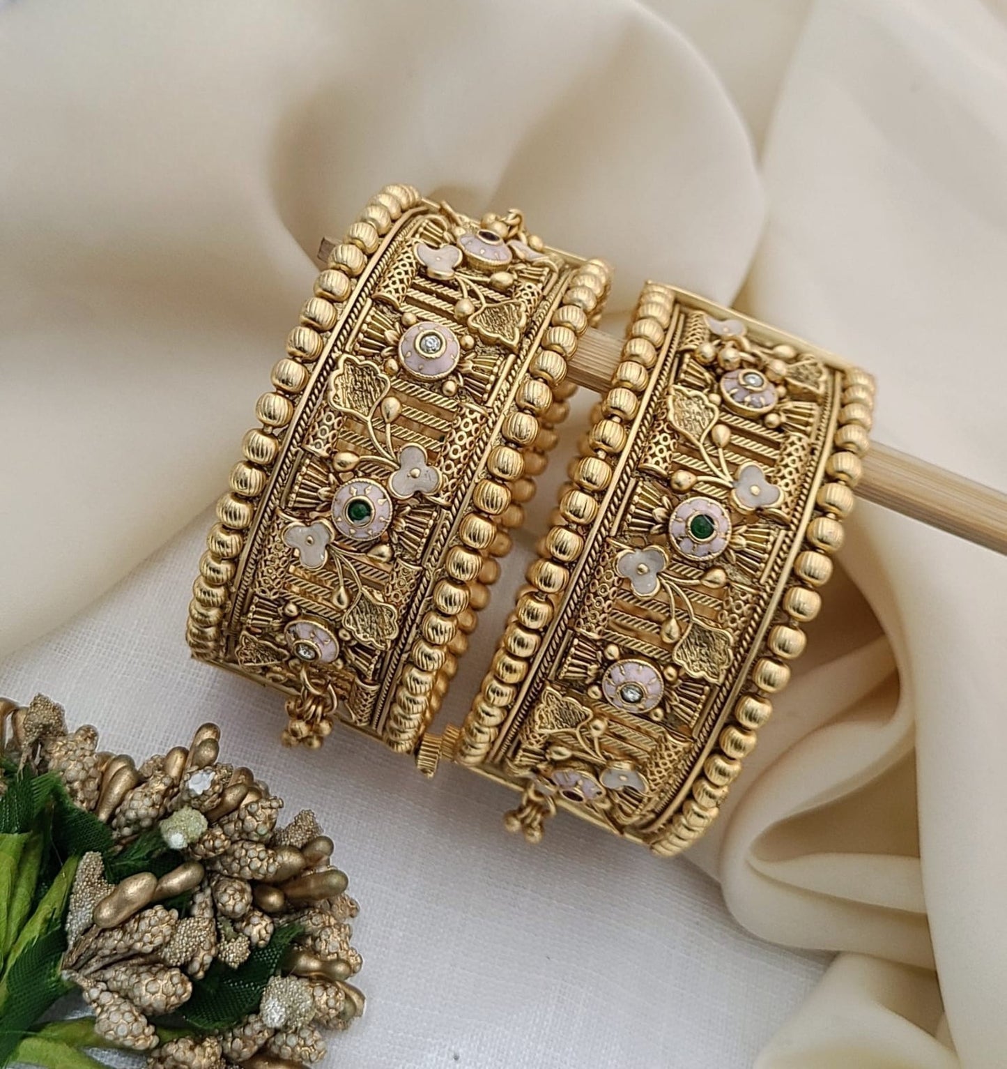 Antique Gold Kada Bangles with Floral Filigree & Enamel