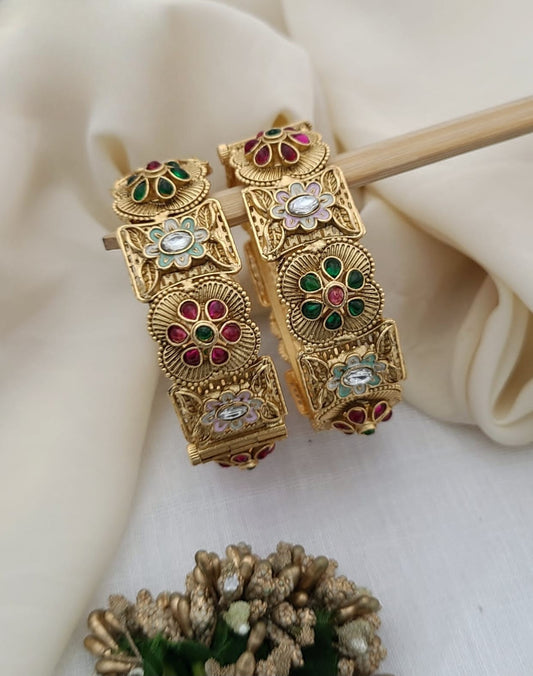 Antique Gold Kada Bangles with Floral Meenakari