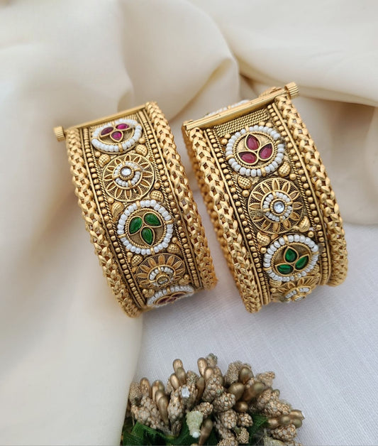 Grand Antique Gold Bangles with Pearl & Meenakari Work