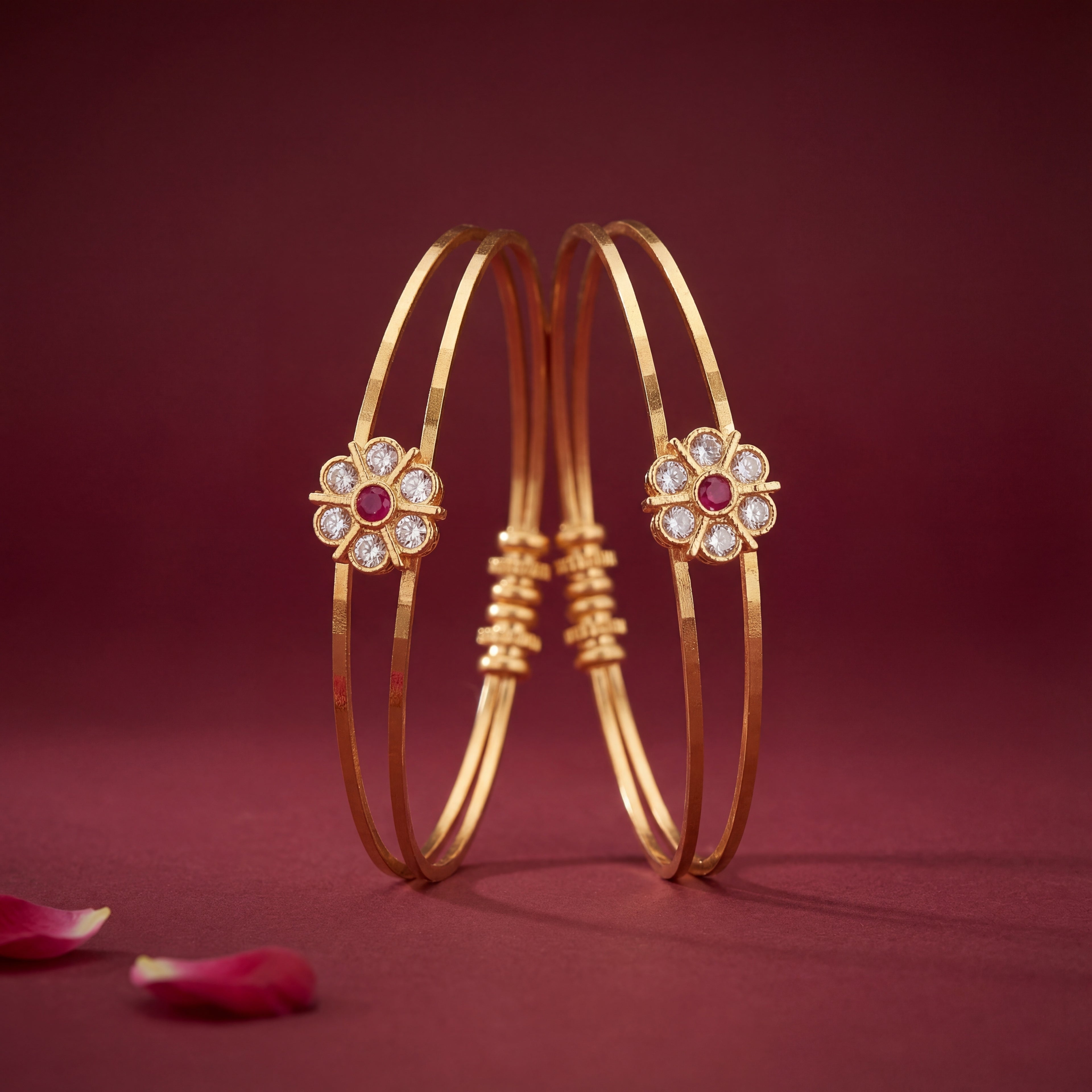 Gold Plated Double Wire Floral Bangles with Ruby & AD Stones - KB013