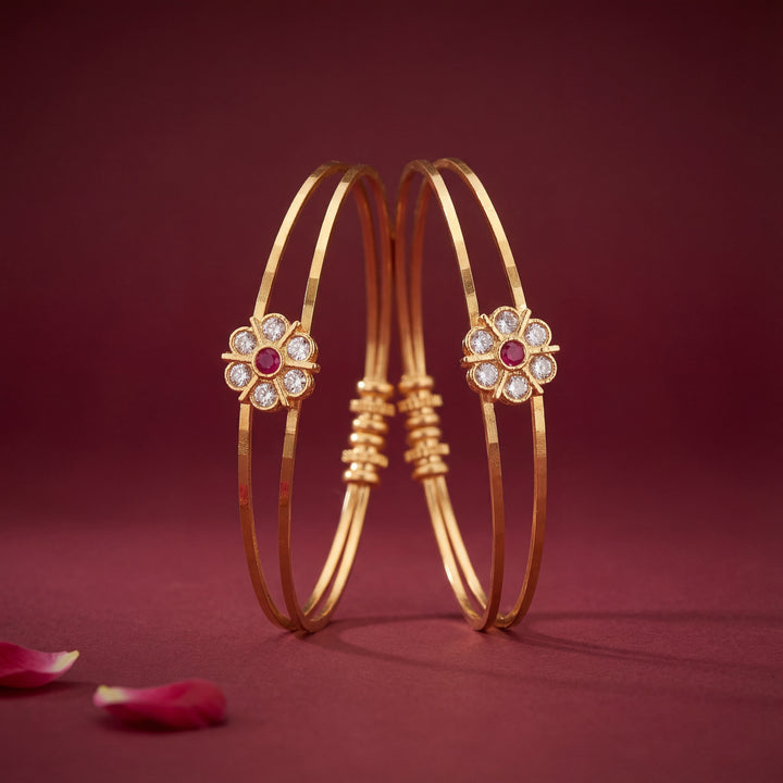 Gold Plated Double Wire Floral Bangles with Ruby & AD Stones - KB013