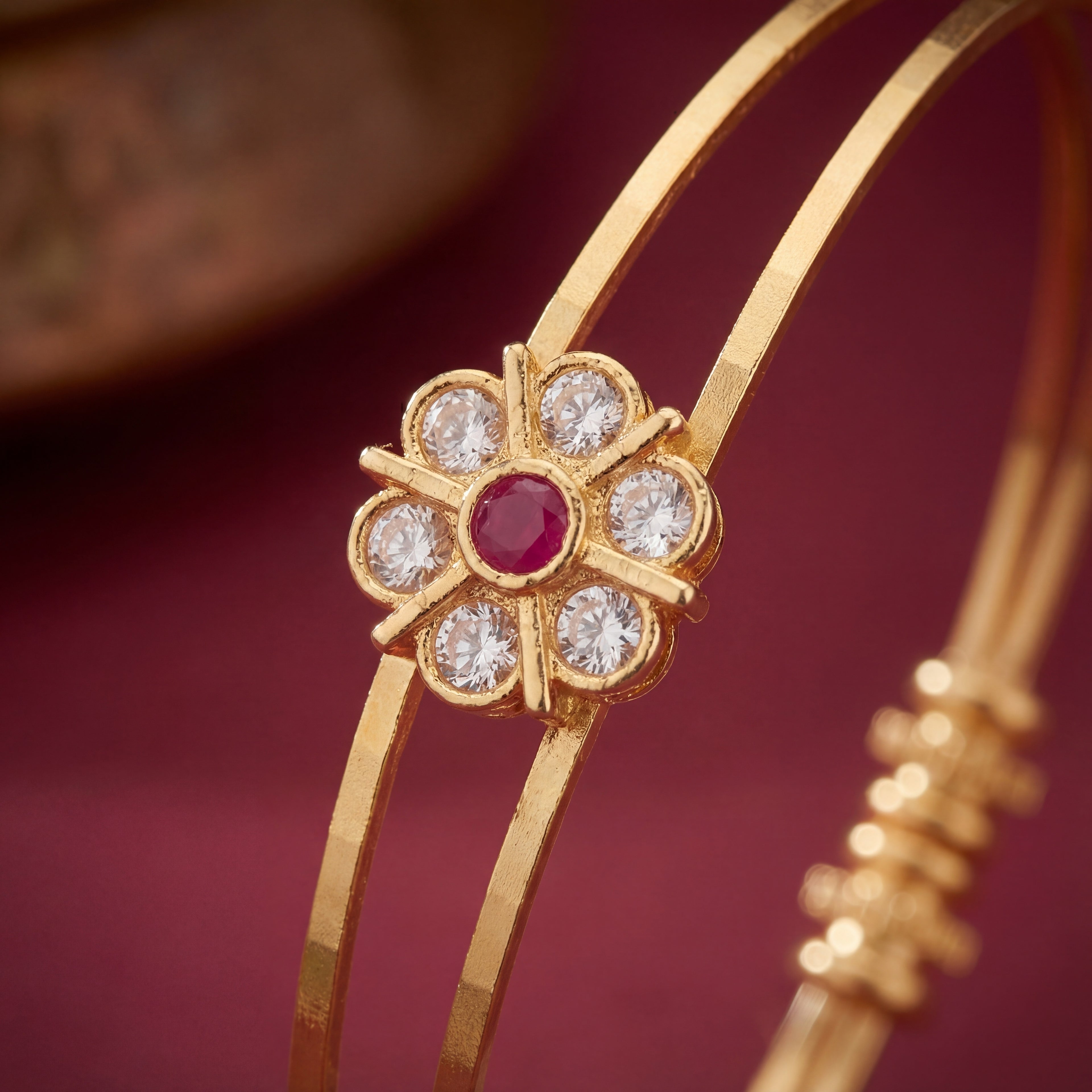 Gold Plated Double Wire Floral Bangles with Ruby & AD Stones - KB013