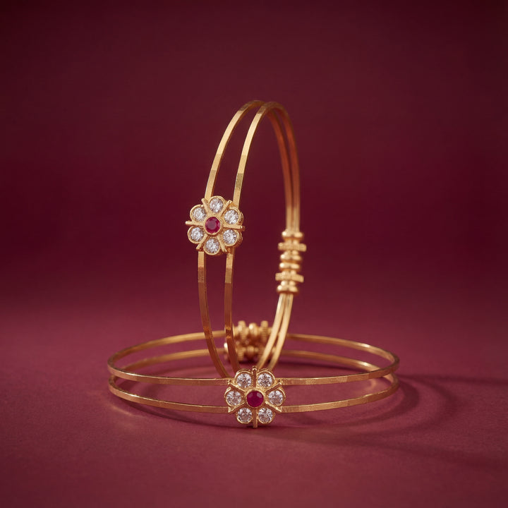 Gold Plated Double Wire Floral Bangles with Ruby & AD Stones - KB013