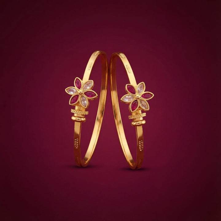 Gold Plated Floral Bangles with Ruby & White Marquise Stones - KB014