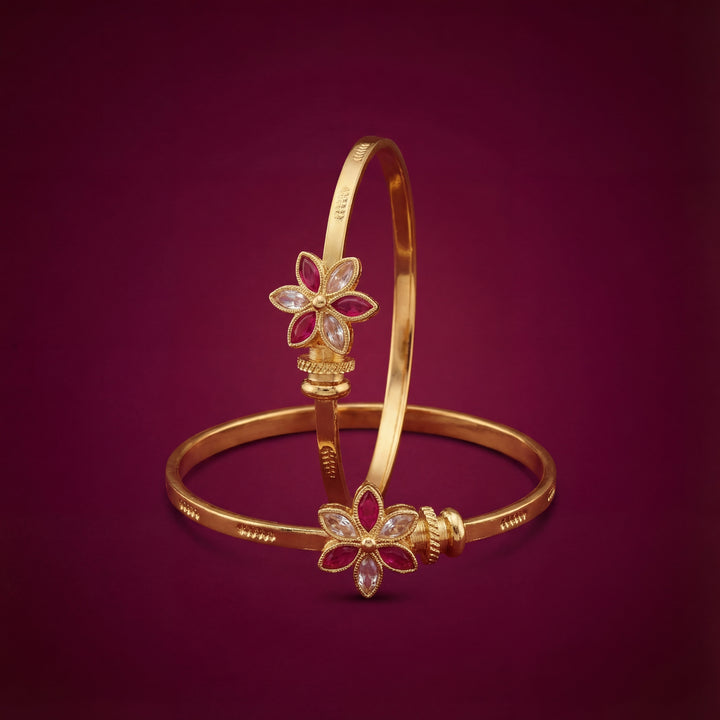Gold Plated Floral Bangles with Ruby & White Marquise Stones - KB014