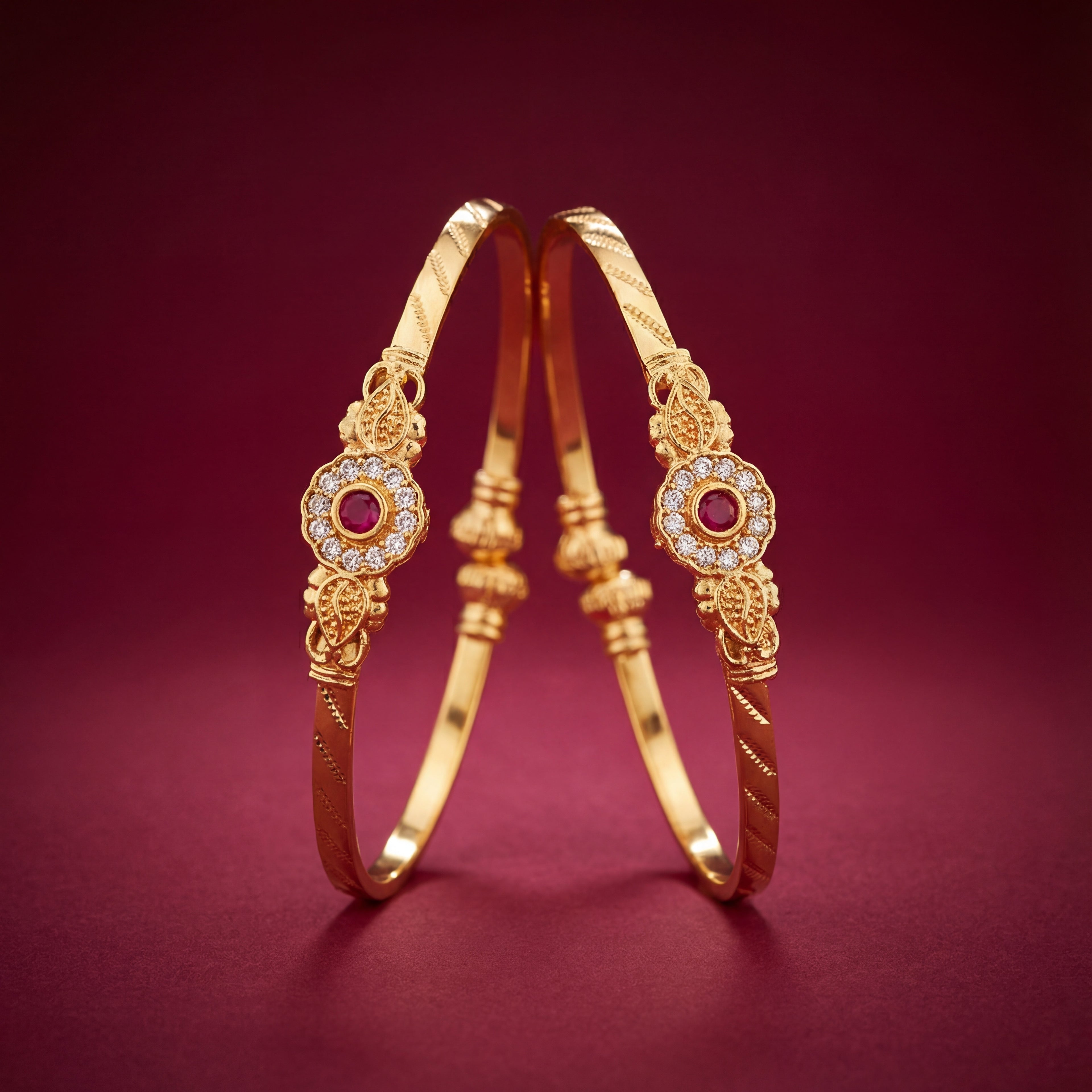 Gold Plated Traditional Floral Bangles with Ruby & AD Stones - KB009
