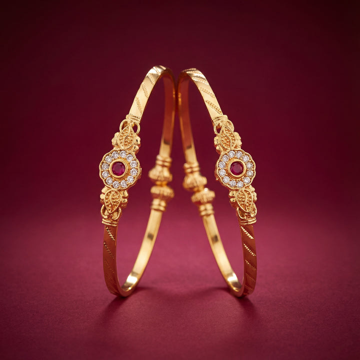 Gold Plated Traditional Floral Bangles with Ruby & AD Stones - KB009