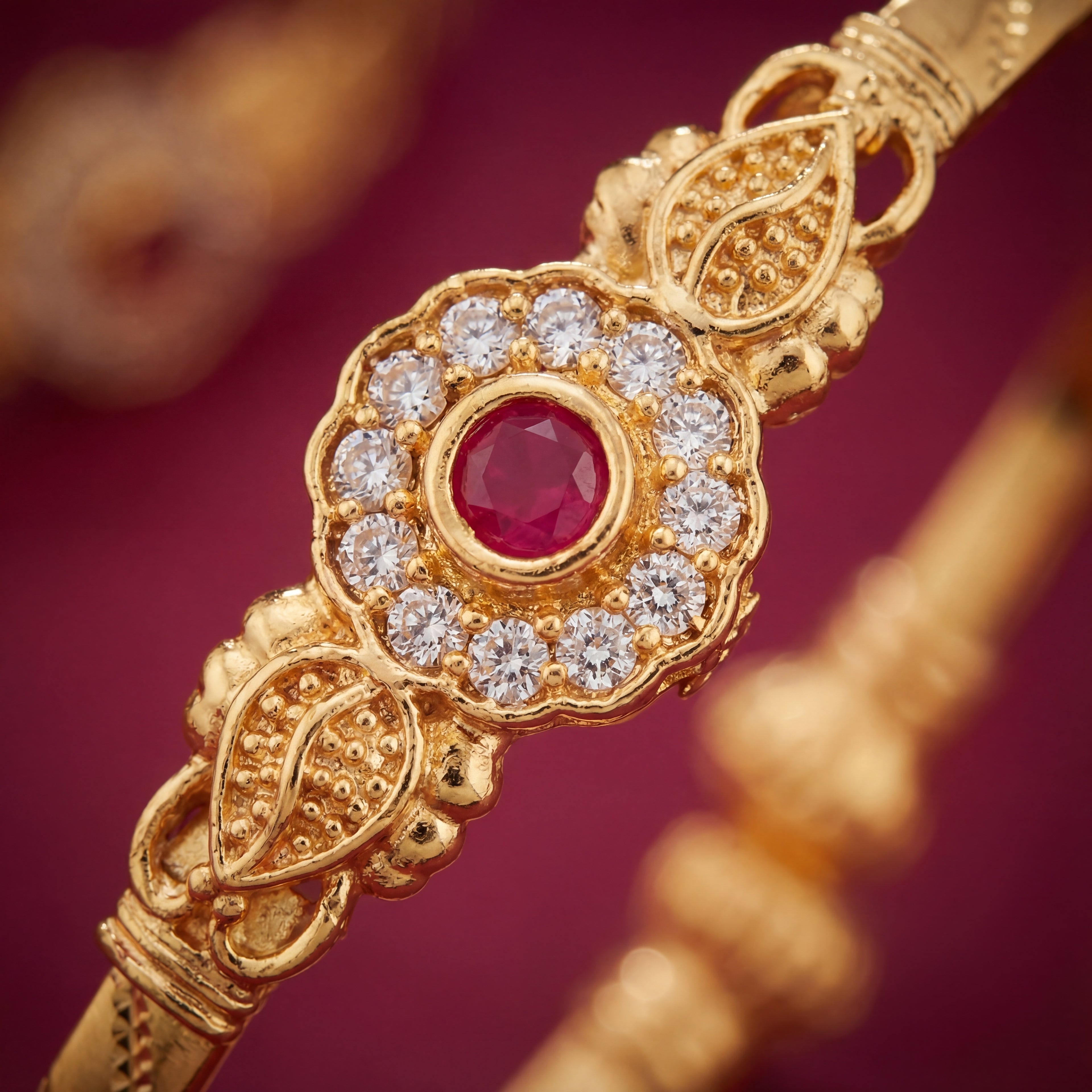 Gold Plated Traditional Floral Bangles with Ruby & AD Stones - KB009