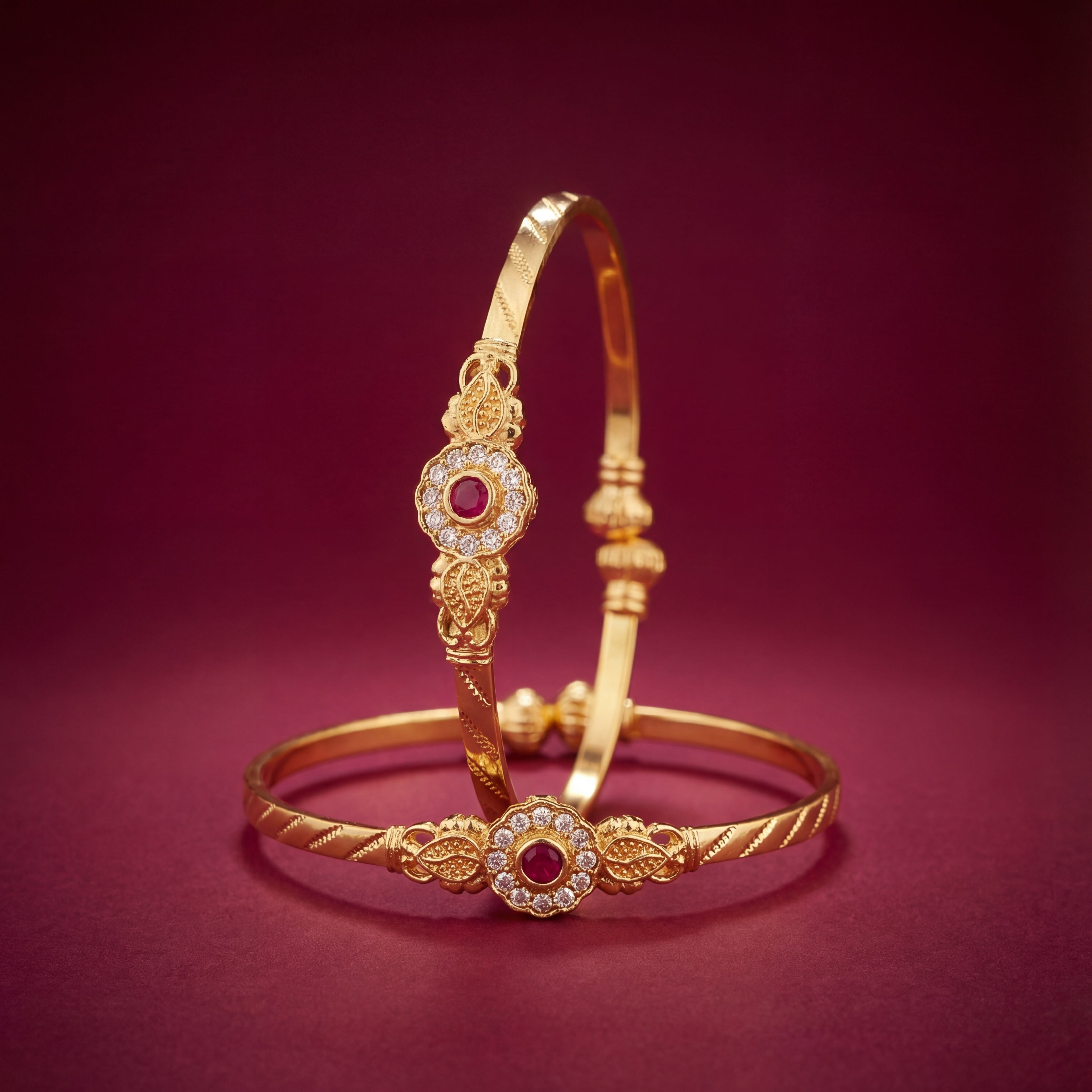 Gold Plated Traditional Floral Bangles with Ruby & AD Stones - KB009