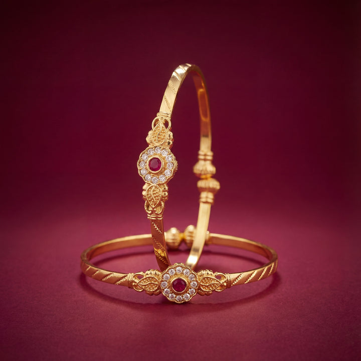 Gold Plated Traditional Floral Bangles with Ruby & AD Stones - KB009