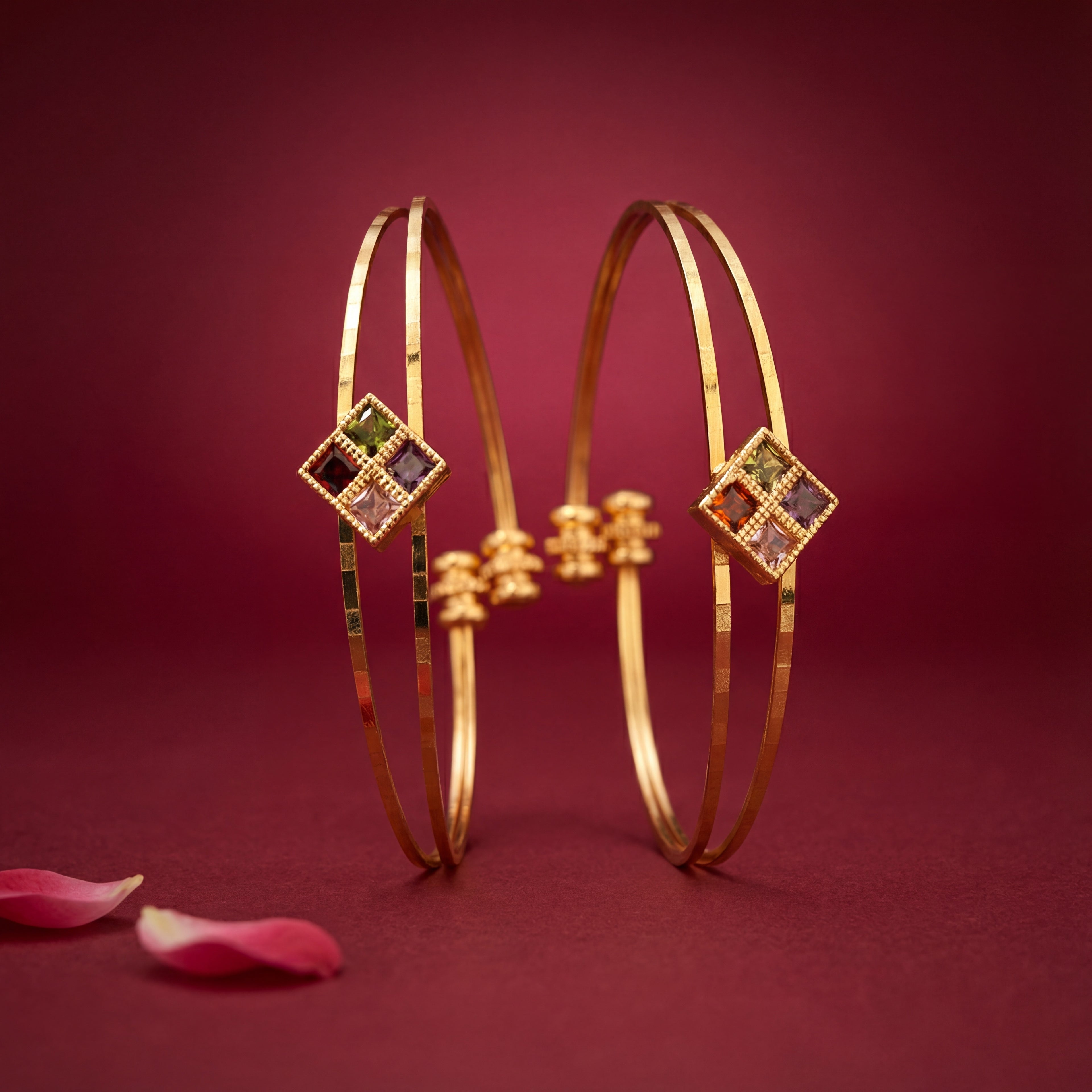 Gold Plated Geometric Square Charm Bangles with Multi-Color Stones - KB006